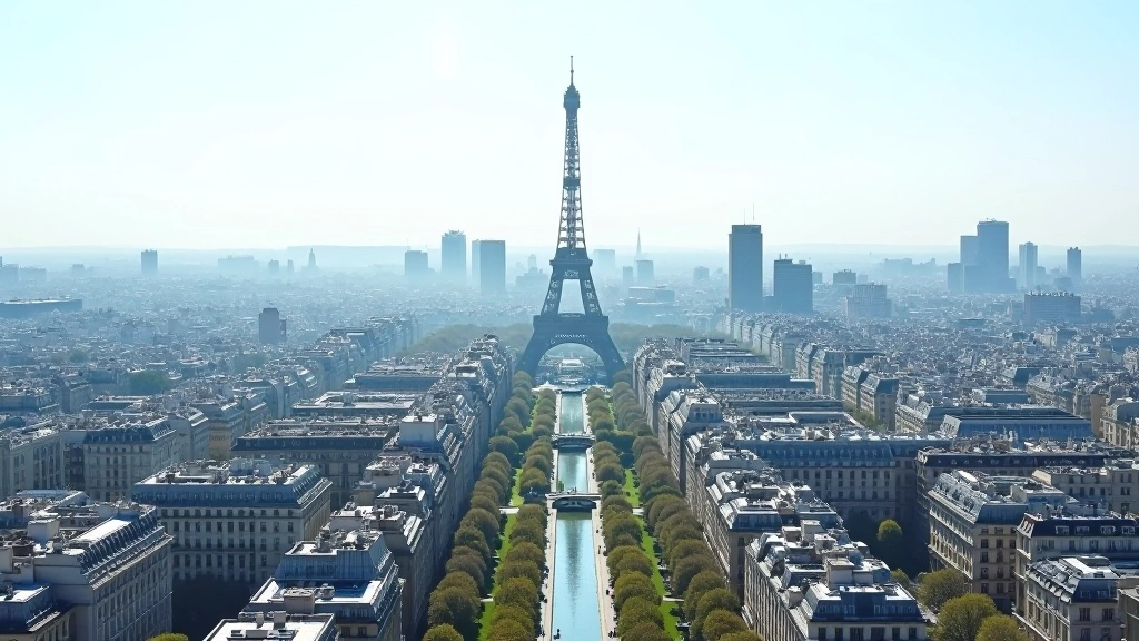 Vue aérienne de Paris avec immeubles modernes et anciens bâtiments historiques représentant l'économie urbaine