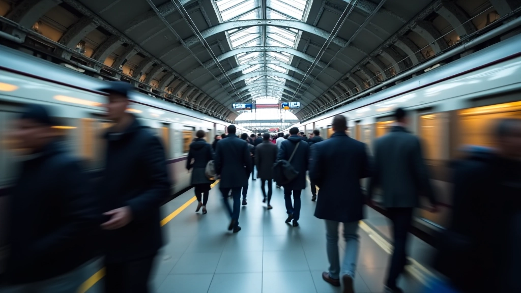 Gare SNCF bondée avec commuters, illustrant le flux de travailleurs vers Paris chaque jour