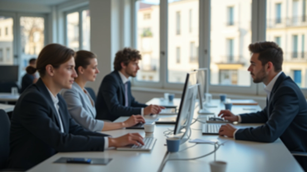 Employés au travail dans un bureau moderne français montrant l'activité économique et l'emploi