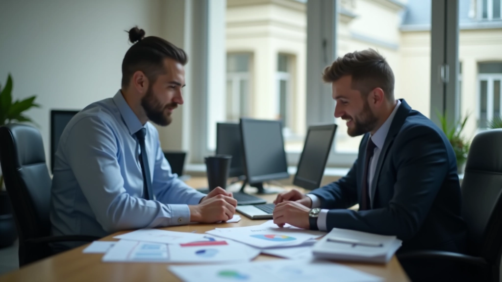 Employés travaillant dans un bureau moderne avec écrans d'ordinateurs et documents financiers